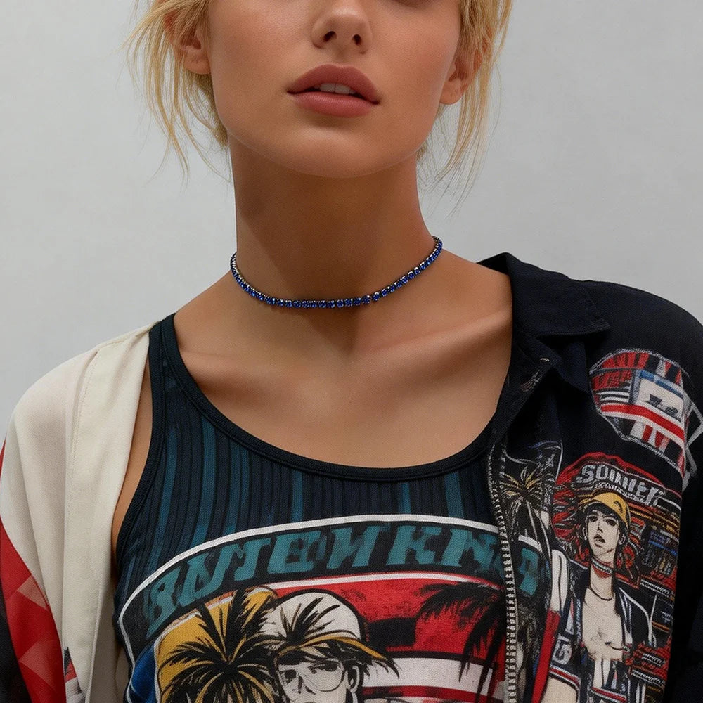 Fashion Shiny Ice Out Blue Rhinestone Crystal Choker Necklace for Women Trendy Daily Accessories on the Neck Female Jewelry Gift