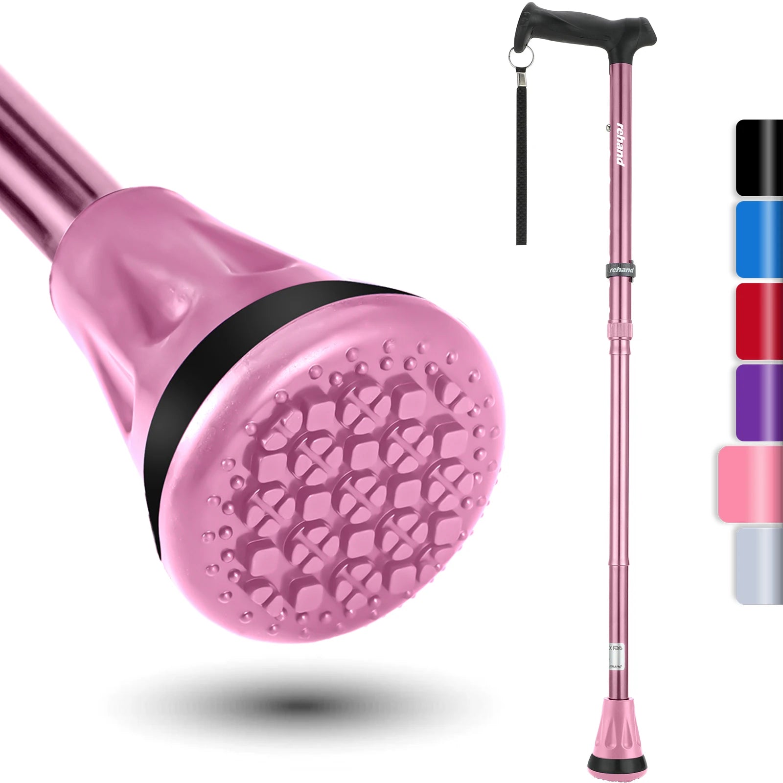Rehand Lightweight Foldable Aluminum Adjustable Walking Stick Portable Support Collapsible Cane Multi-Purpose Pink 78-96cm