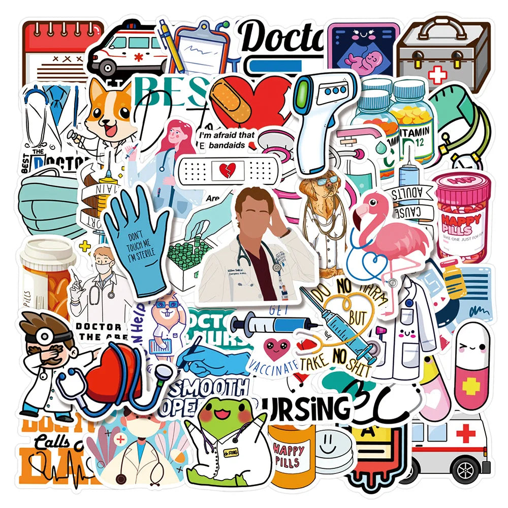 60PCS Cartoon Medical Science Equipment Sticker Pharmacy Doctor Nurse White Angels Funny Laboratory Decals