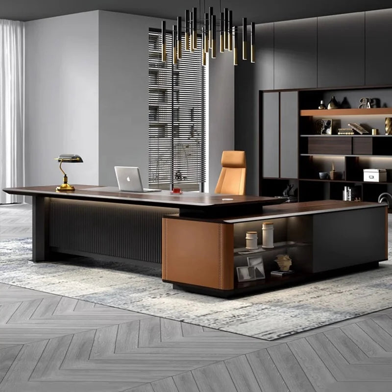 Dark Color L-Shaped Luxury Executive Boss Large Office Desk with LED Light Modern Convertible Design