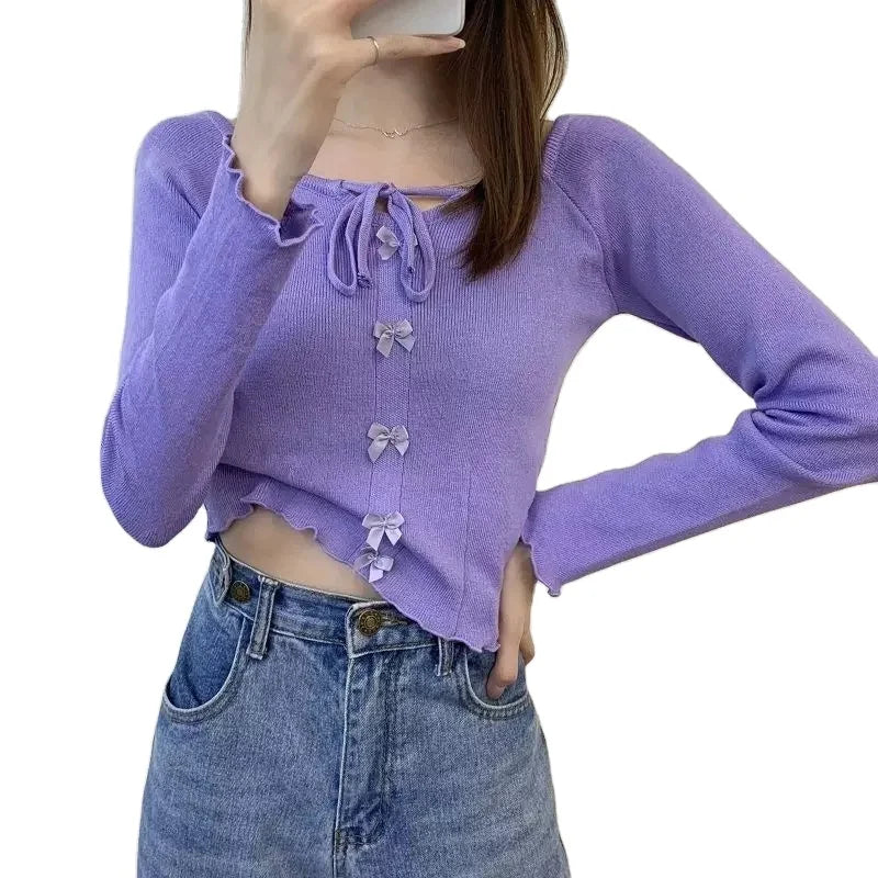 Bowknots Summer Fashion Casual Female T-Shirt New Long Sleeve O-Neck Knit Tops for Women