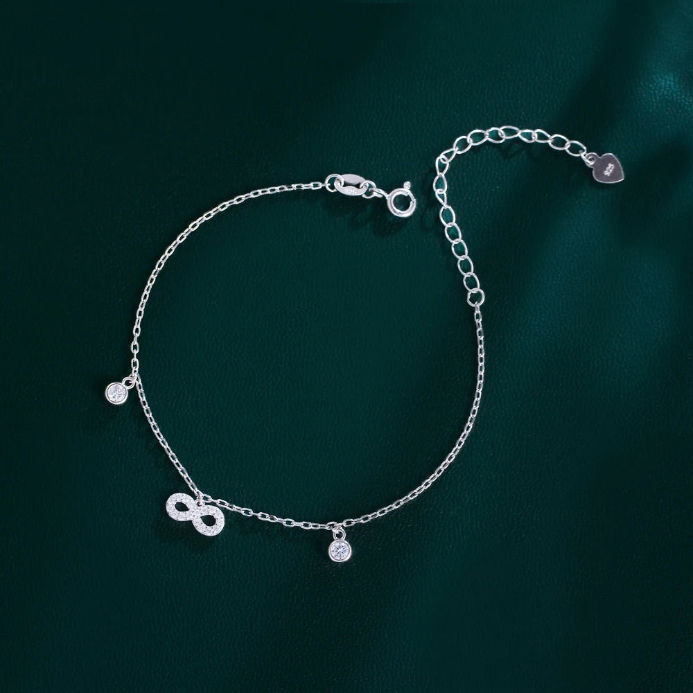 Hypoallergenic Women's Party Jewelry S925 Sterling Silver Infinity Symbol Thick Chain Link Bracelet with White Zircon Stones