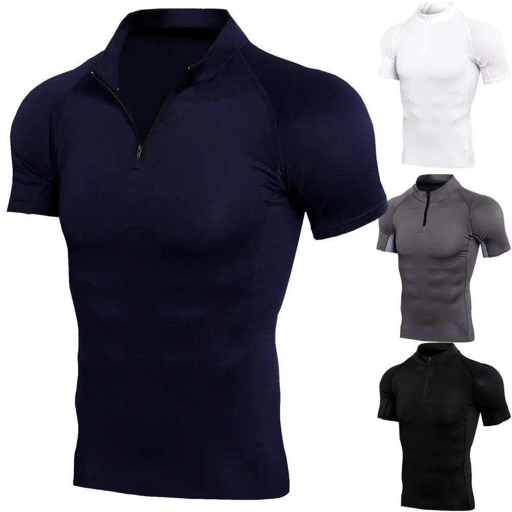 Men's Eco-Friendly Knitted Quick-Drying Breathable Anti-Wrinkle Stand Collar Zipper T-Shirt Personal Trainer Workout Clothes 180