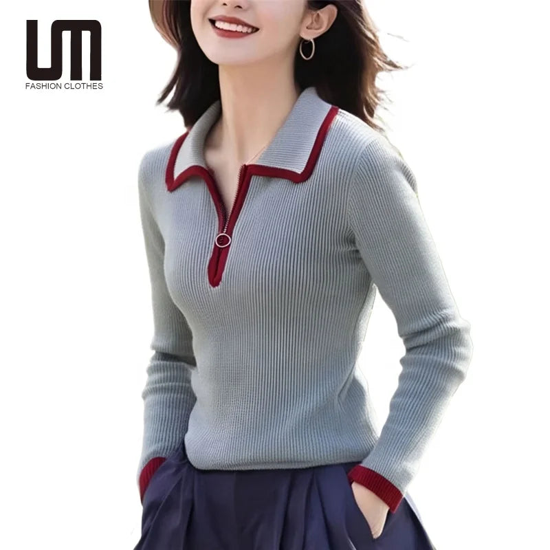 Liu Ming New Year Autumn Women Fashion Zipper Neck Knitted Tops Pullovers Slim Long Sleeve Sweaters