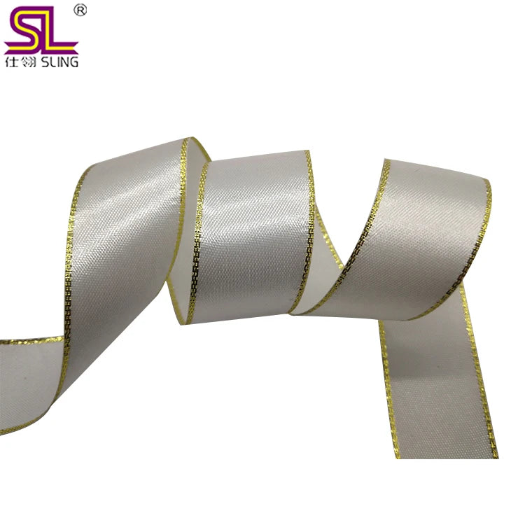In Stock Single Face Silver and Gold Edge Satin Ribbon for Sale
