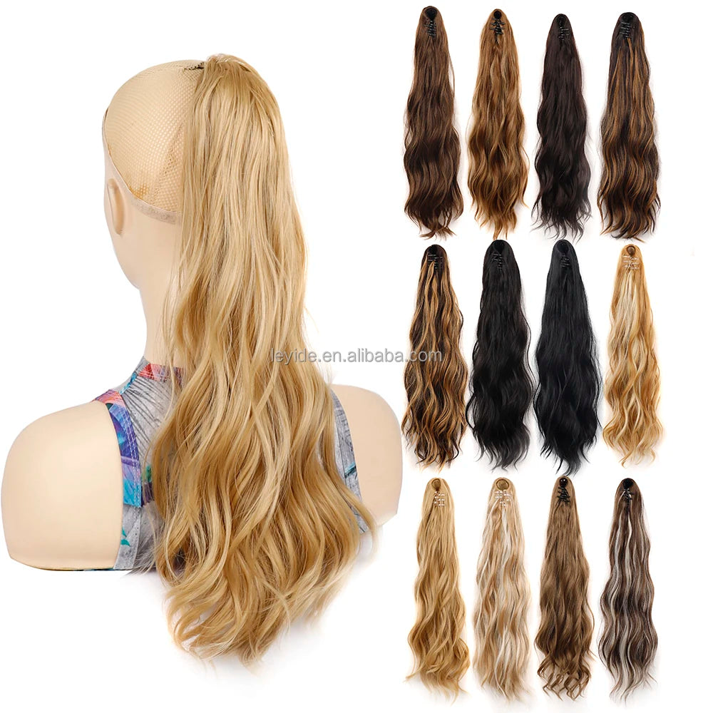 140g 22 Inch Resistant False Pony Tail Wavy Hair Extension Synthetic Long Water Wave Clip on Claw Ponytail Hair