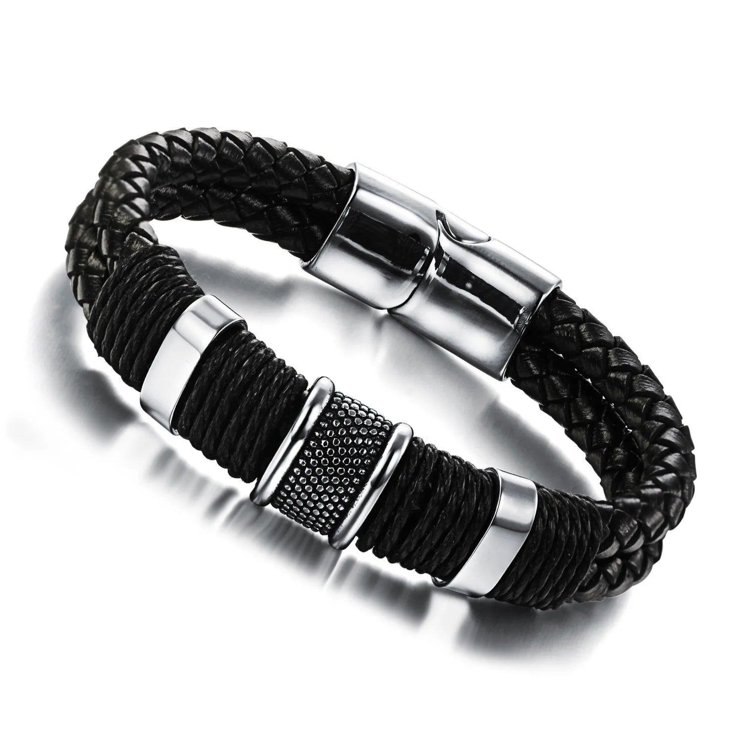 Trendy Handmade Stainless Steel Leather Leather Personalized Bracelet Magnetic Buckles Double Layer Woven Leather Men Bracelet