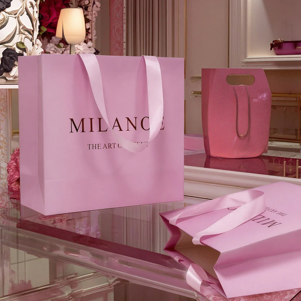 Luxury Pink Cardboard Shopping Bag with Handles and Bow Custom Logo Elegant Paper Gift Bag