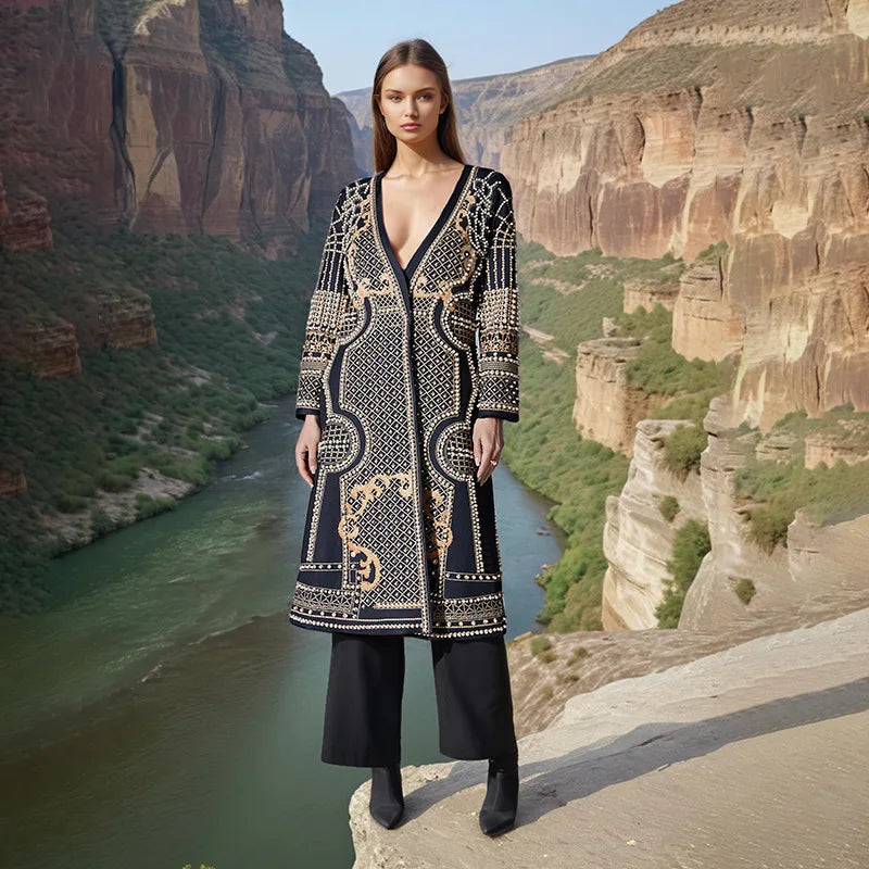 Boutique Wholesale 2025 Autumn New Style Fashionable Temperament V-neck Loose Print Design Long Women's Trench Coats