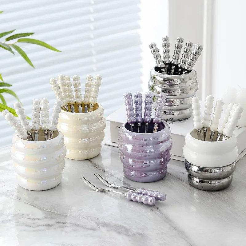 Wholesale 6-Piece Luxury Eco-Friendly Stainless Steel Cute Fruit Fork Set Iridescent Ceramic Holder for Dessert Cake Parties