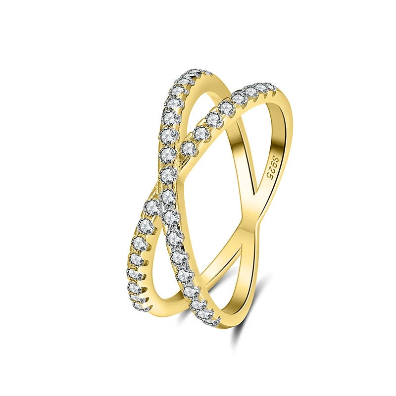S925 Sterling Silver Fine Jewelry Rings Gold Plated Eternity Band Cubic Zirconia  4A CZ Stone Cross Rings  for Women