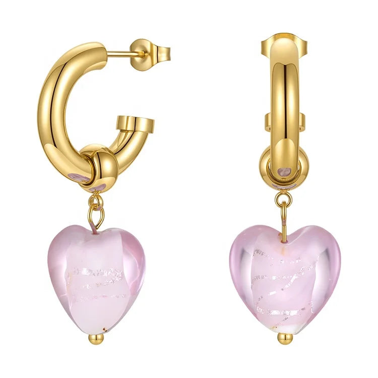 Fashion High Quality 18K Gold Plated Stainless Steel Jewelry Heart  Shaped Crystal Glass Pendant Hoop Earrings E211299