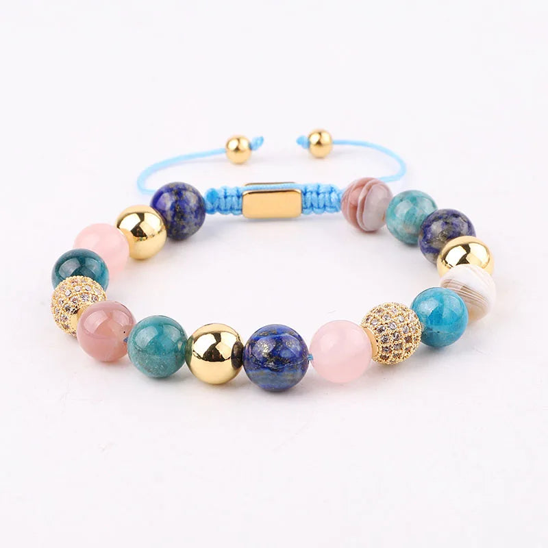 High Quality New Design 10mm Natural Stone Lapis Lazuli Apatite Stone Gemstone Gold CZ Beaded Macrame Bracelet Women