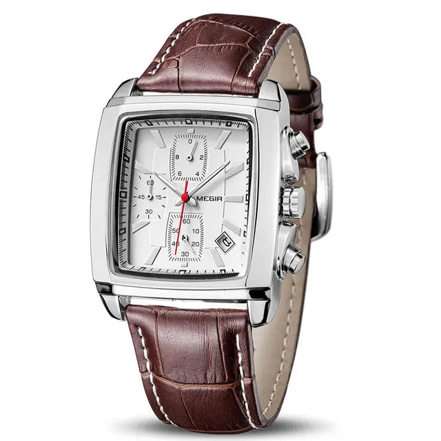 MEGIR Original Watch Male Top Brand Luxury Rectangle Quartz Watches Waterproof Luminous Leather Wristwatch for Men