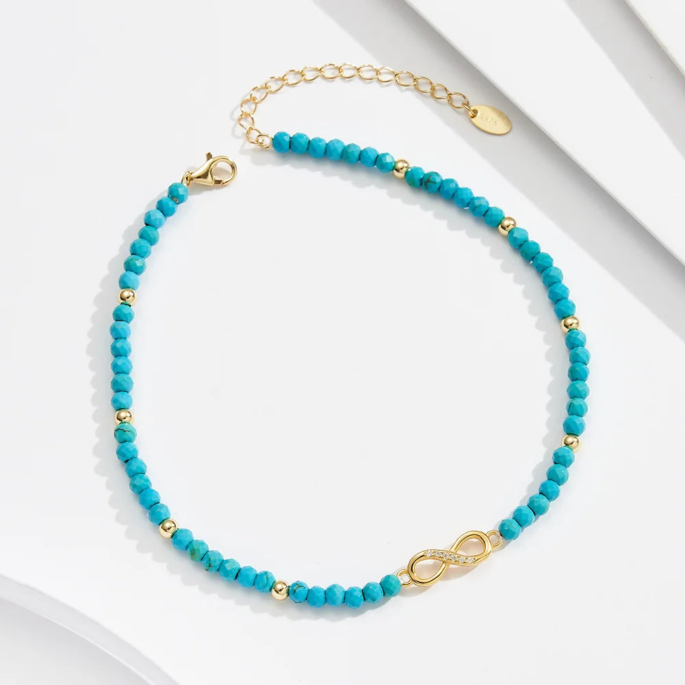 RINNTIN SA87 OEM Anklets Bohemian Style Blue Turquoise Beads Chain Infinite Shape Zircon Anklet