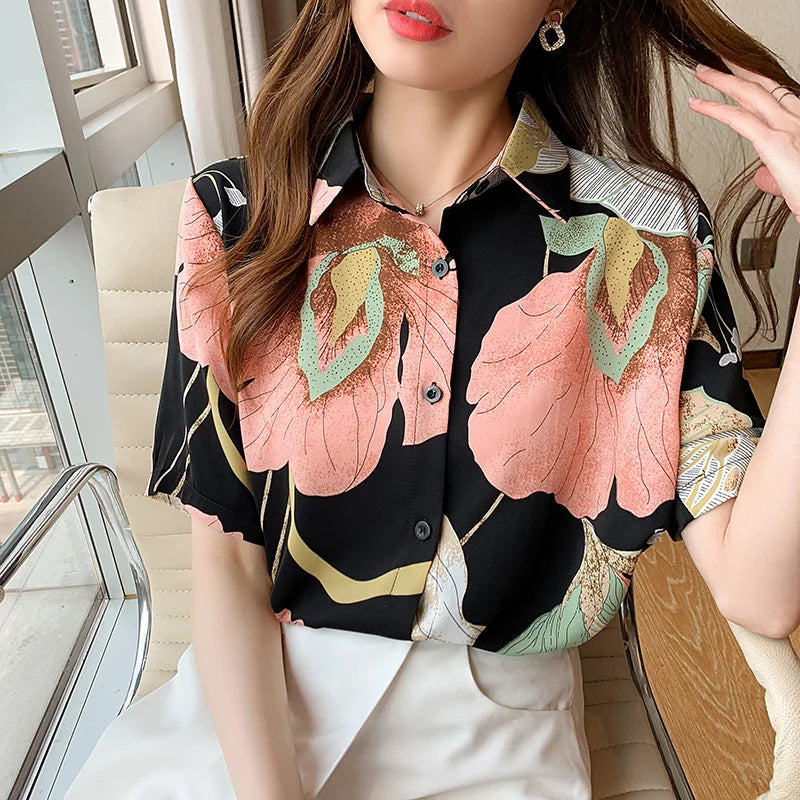 5045# Women's Casual Chic Spring Summer Sweet Chiffon Shirt V-Neck Floral Print Short Sleeve Elegant Blouse Buttons Top