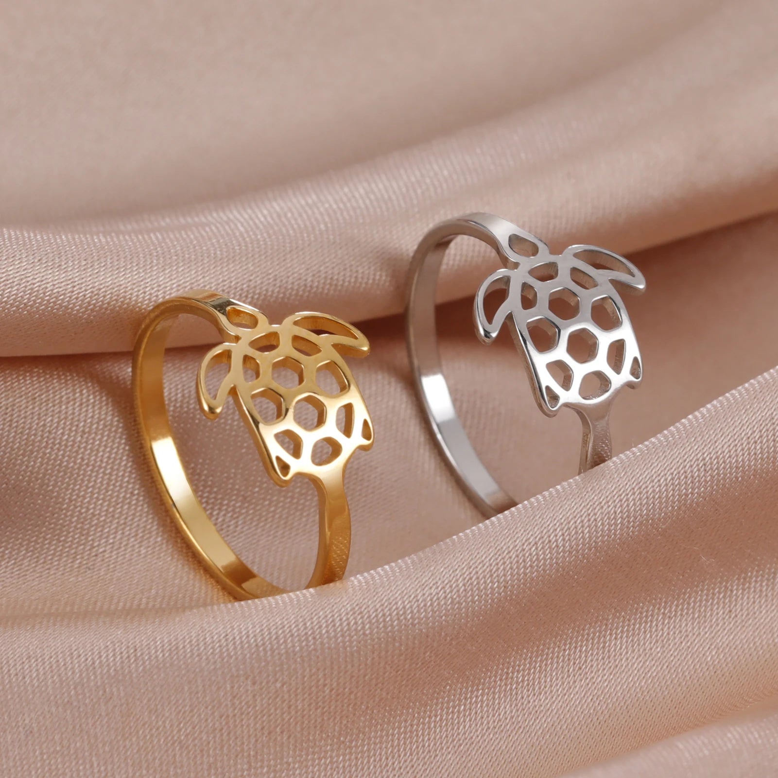 Trendy Stainless Steel Turtle Pattern Ring Real 18k Gold Plated Animal Ring Gold Custom Animal Rings