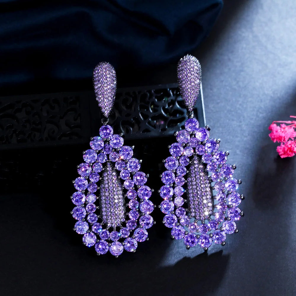 High Quality Unique Trendy Round Purple Crystal Cubic Zircon Tear Drop Bridal Big Dangle Earrings for Ladies Festive Jewelry
