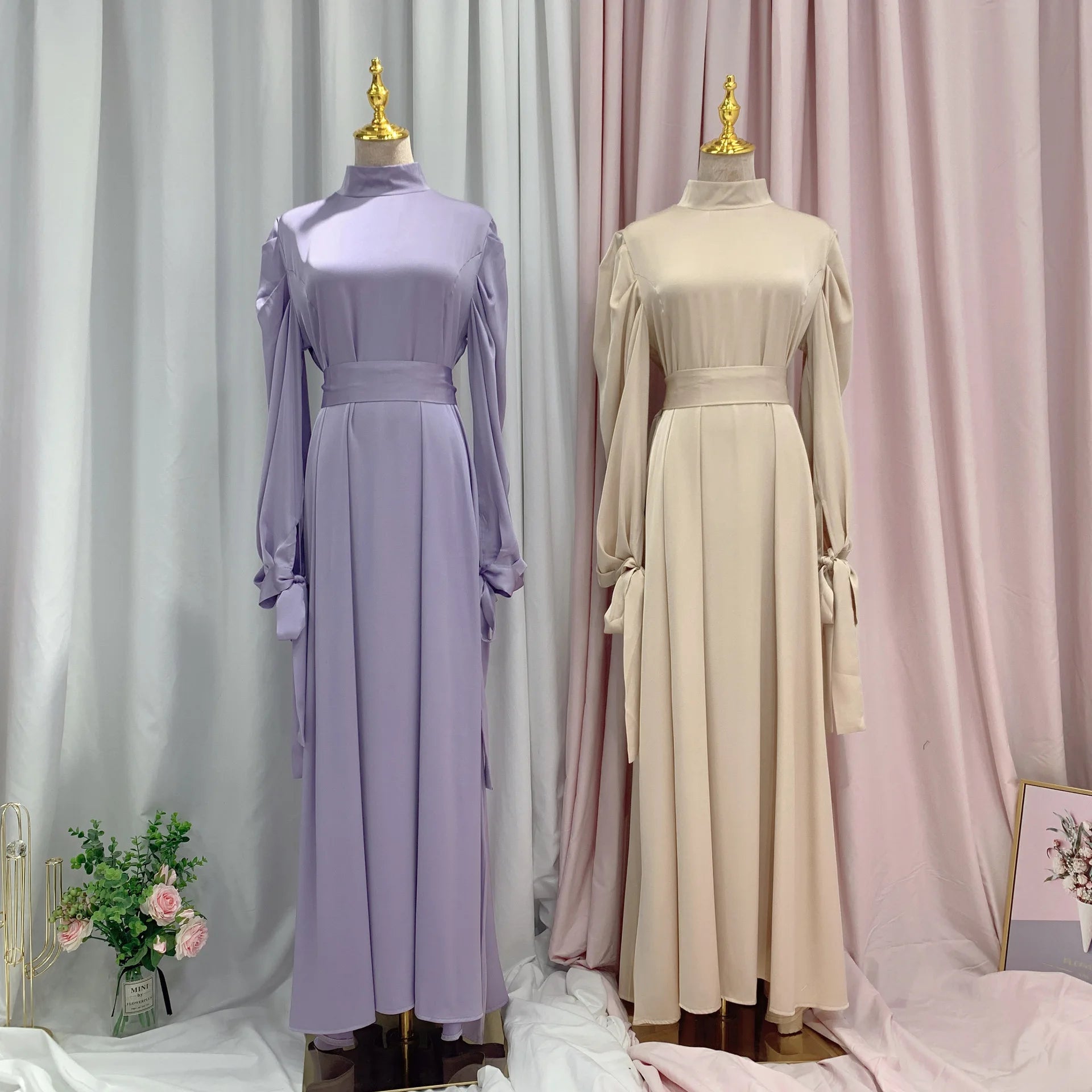 S-2XL Soft Waist Dress Europe and America Dubai Satin High Density Satin Dress Muslim Crew Neck Dress