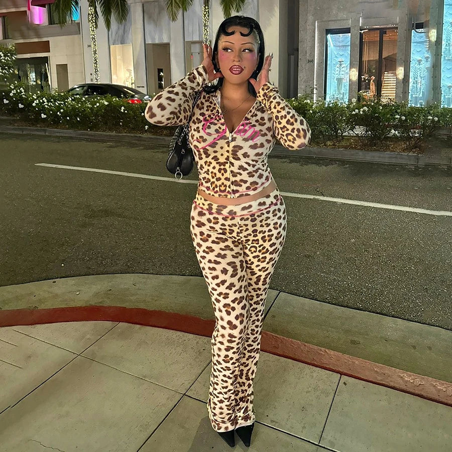 Kliou K24S50103 Autumn Hoodie 2 Piece Set Women Invisible Zipper  Casual Sweatsuit Falre Pants Leopard Printed Women's Set