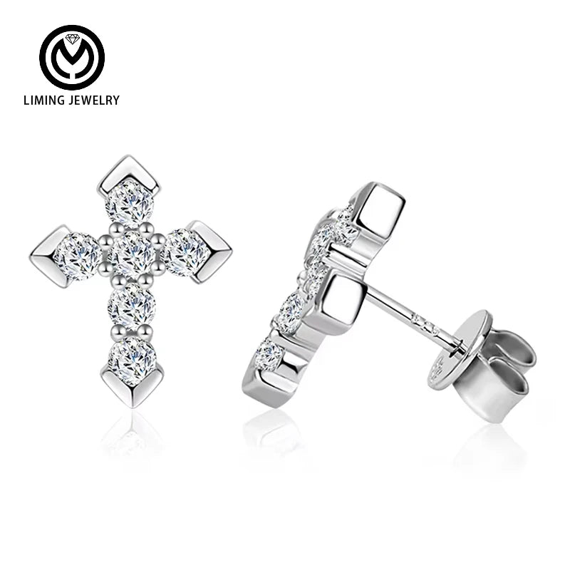 XEZ060 Fashion 925 Sterling Silver Gothic Punk Mini 0.72Ct Moissanite Cross Stud Earrings Diamond Fine Jewelry for Women Gift