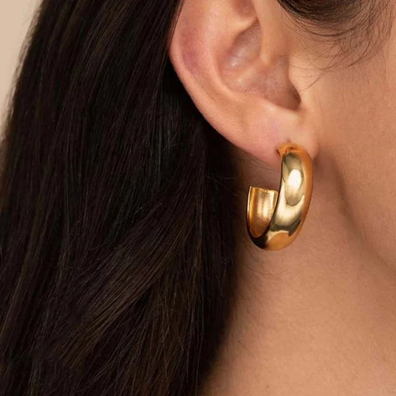 MICCI Wholesale Custom High End 18K Gold Plated Stainless Steel C Shaped Chunky Thick Gold Hoop Earrings