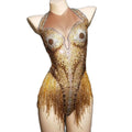 Crystal Gold Tassel Rhinestone Leotard Women Bodysuit Club Playsuit Sexy Performance Wear Dance Stage Costume
