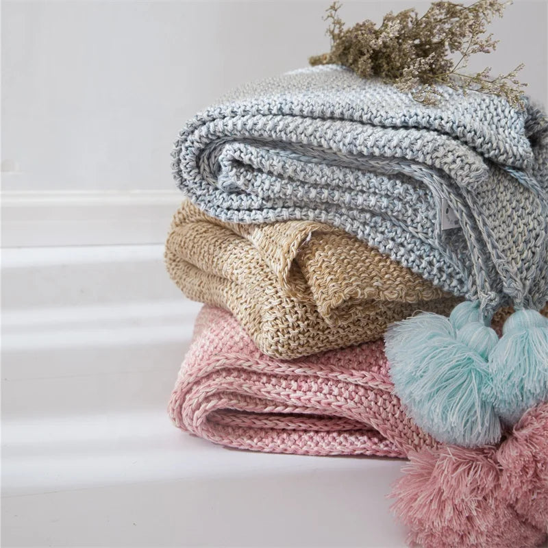 AJLN  100% Cotton Crochet  Bohemian Style Knitted Throw Warming Pom Pom Customize Blanket Quilt