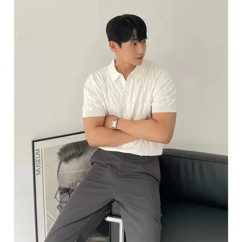 Summer Men's Knit Short Sleeve Polo Shirt Korean Slim Solid Color Ice Silk Casual Lapel Half Sleeve T Shirt on Top