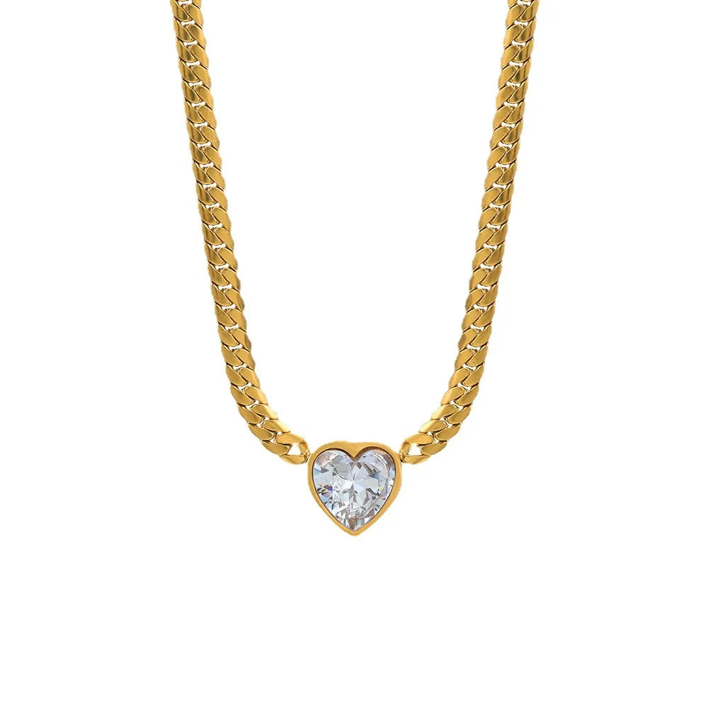 Vintage 18K Gold Plated Stainless Steel Waterproof Jewelry Tarnish Free Heart Zircon Charm Choker Necklace Bracelet YF3199