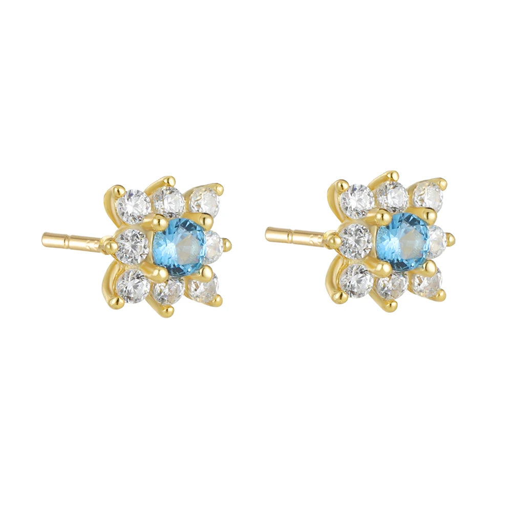 Korean Style S925 Sterling Silver 14K Gold Plated Micro Paved Zircon Exquisite Flower Stud Earrings for Women Girls