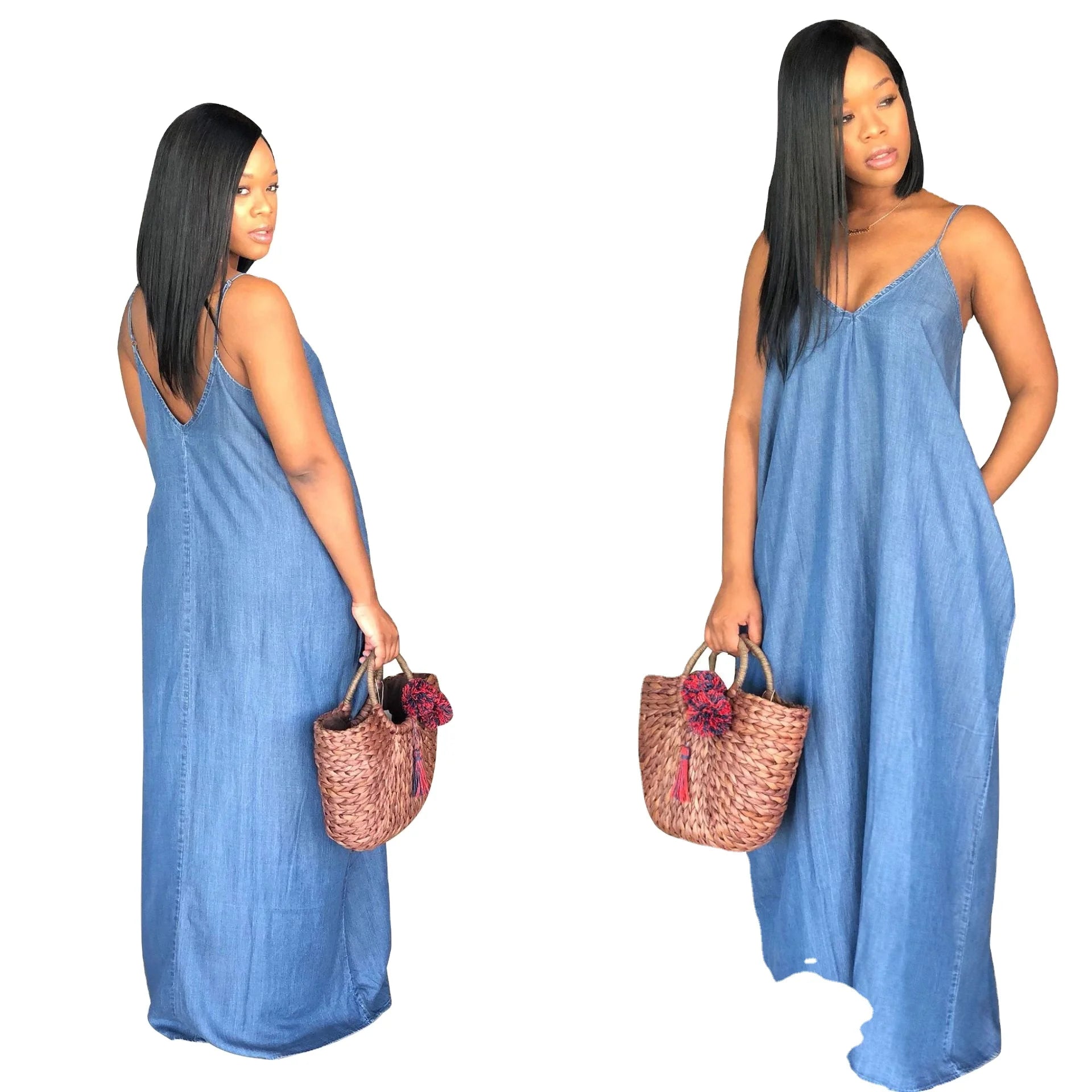 _ Plus Size  Summer Long Denim Maxi Dress Women Jean Ladies Sleeveless Casual Backless Dresses