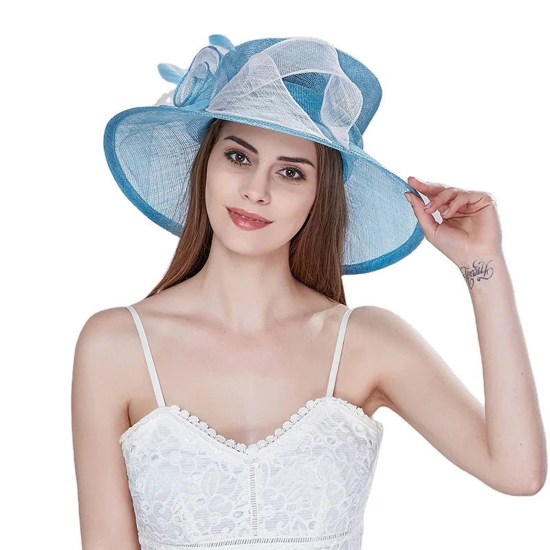 Ladies light Blue Sinamay Wide Brim Church Hat Kentucky Derby Dress Fascinator Floral Tea Party Wedding Hats for Women Luxury