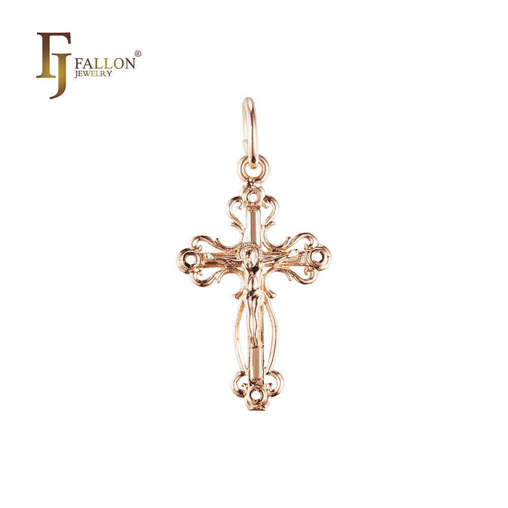 FJ Fallon Fashion Jewelry Catholic Cross Budded Pendant Plated in Rose Gold Brass Based