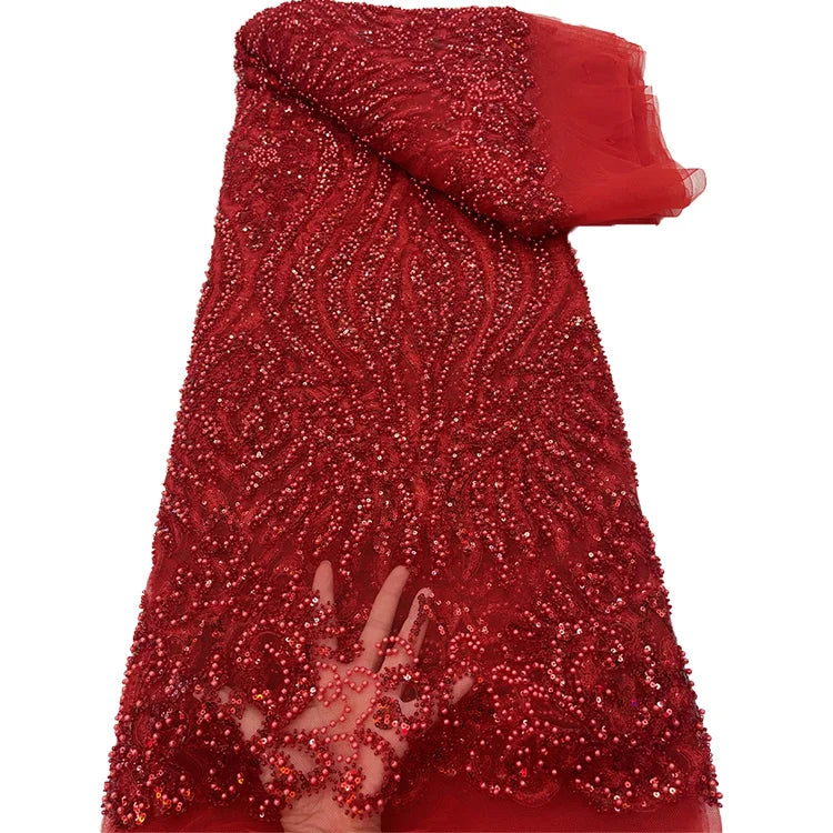 Mini Order Red Glitter Lace Fabric 5 Yards Bridal Lace Wholesale Beads Sequins Embroidery Laces for Clothes Women