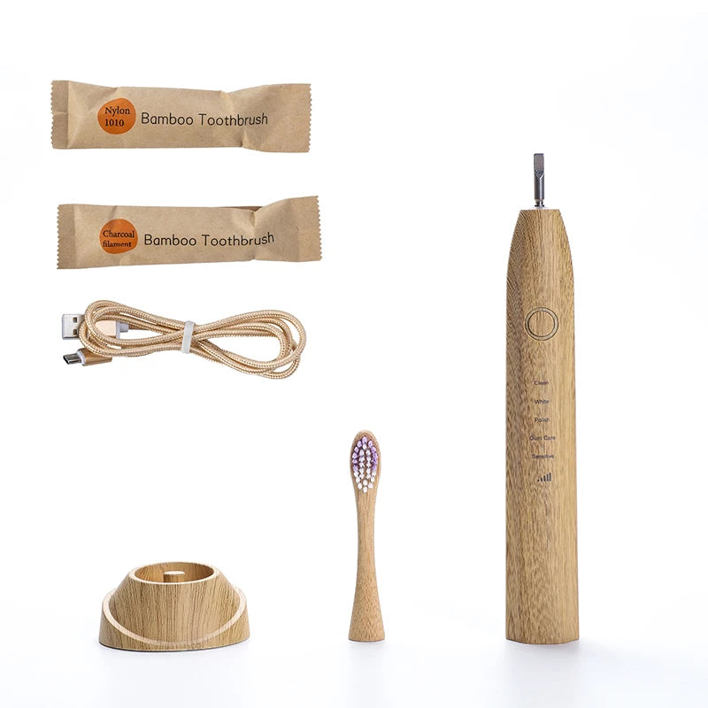 Eco-friendly Soft Electric Sonic Toothbrush with 3 Bamboo Brush Heads Charcoal-Injected Bristles Biodegradable