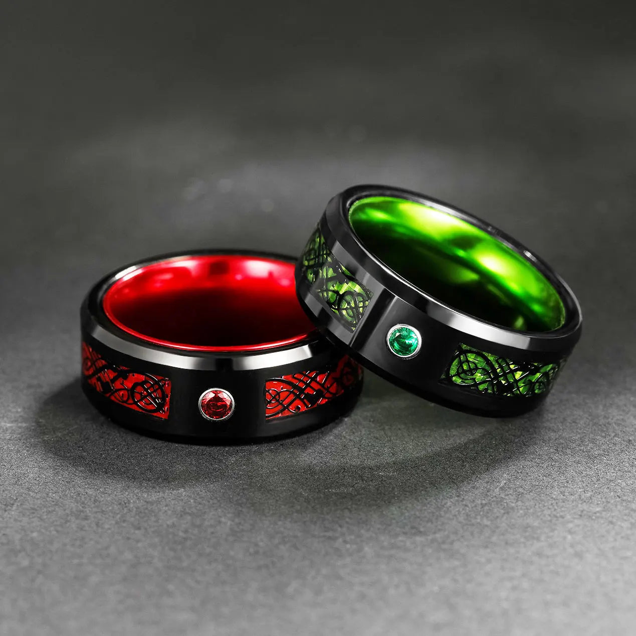 OLAN 8mm Celtic Dragon Inlay Red/Green/Blue Tungsten Black Ring for Men  Women Wedding Bands Size 7-13