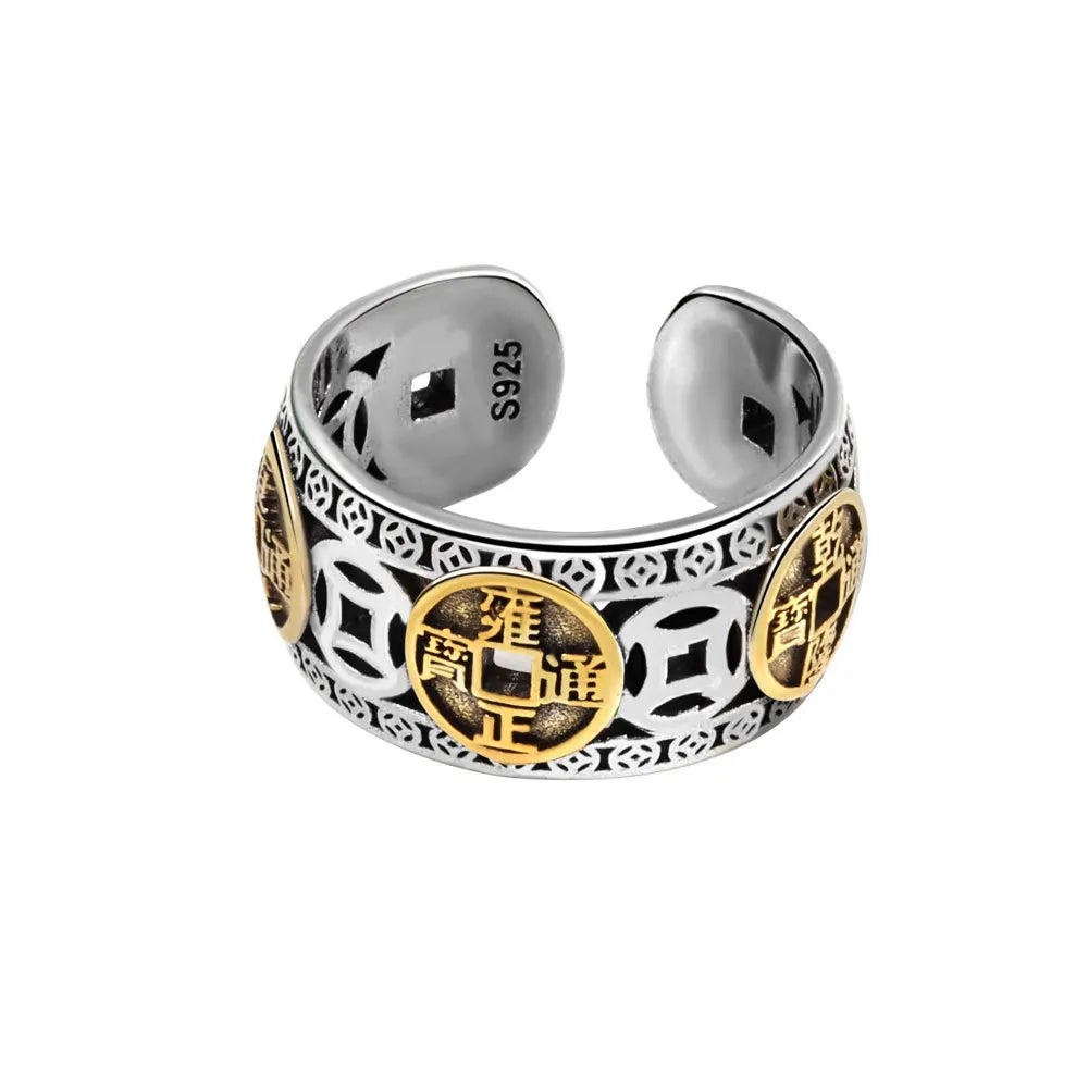 New Retro Punk Rock Trend Couples Ring Five Emperor Coin Ring Attract Wealth Money and Good Luck Ring