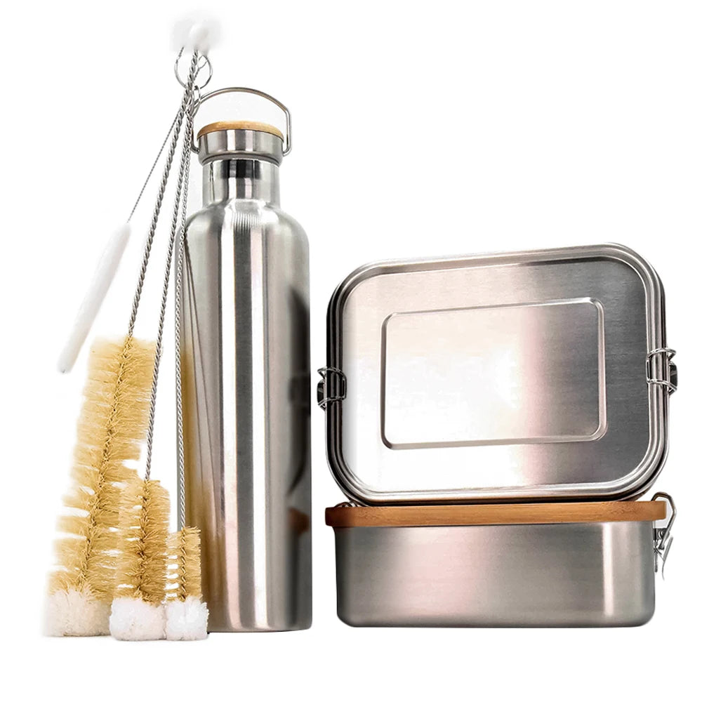 Bamboo Fiber Bento Box Double-Button Leakproof Lunch Container Kid Adult Stainless Steel Lunch Box School Work with Water Bottle