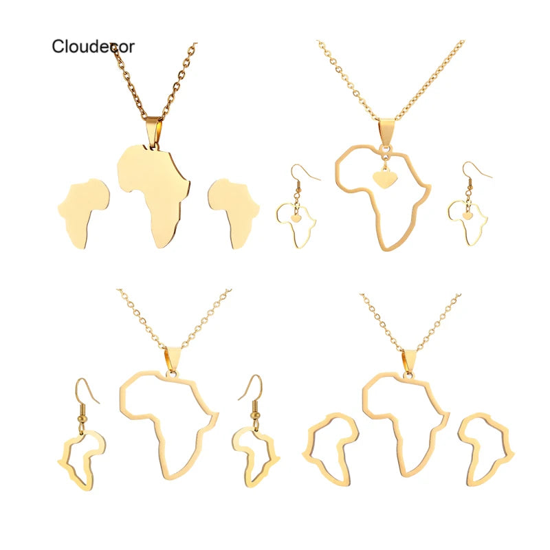 18K Gold Plated Stainless Steel Jewelry Set for Women African Map Earrings and Necklace for Wedding