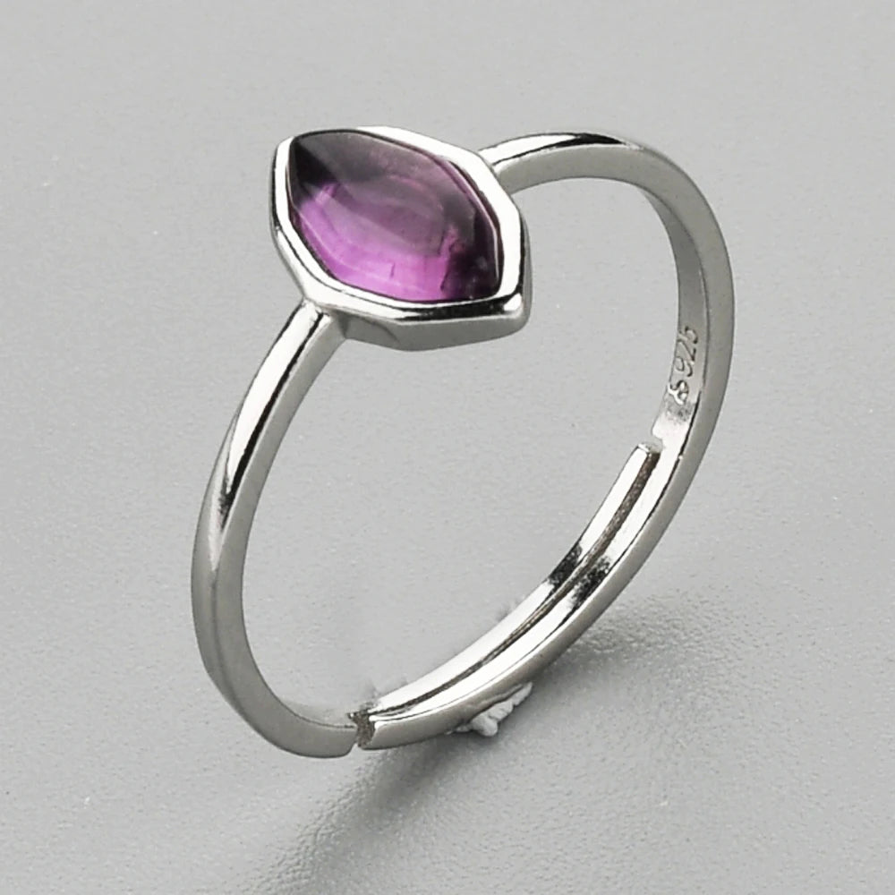 SS209 Healing Crystal Gemstone Ring 925 Sterling Silver Marquise Cut Adjustable Natural Amethyst Ring