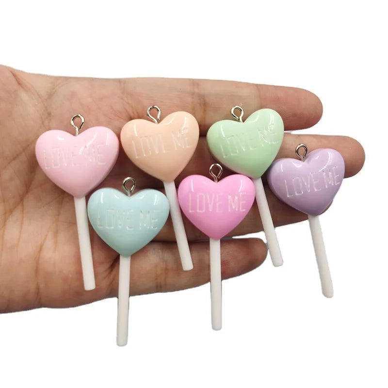 LOVE ME Heart Lollipop Miniature Colorful Resin Pendants Charms for Earrings Bracelets Necklace Making Accessories
