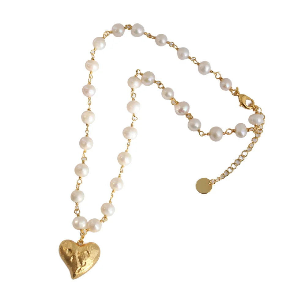 Vintage Brass Pearl Bead Necklace Trendy Heart Shape Pendant Real Gold Plated Unisex Moonscape Lunar Surface Texture Wedding Gift
