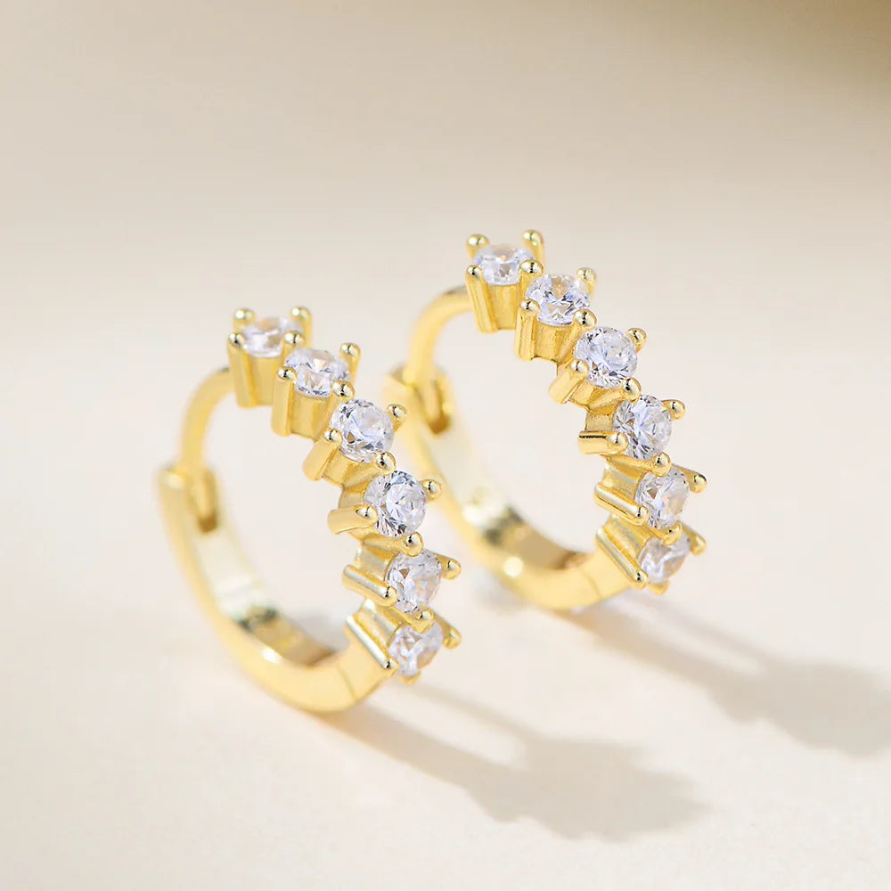 S925 Sterling Silver Round Cubic Zirconia Hoop Earrings for Women 14K Gold Plated Geometric C-shaped Dainty Huggie Hoop Earrings