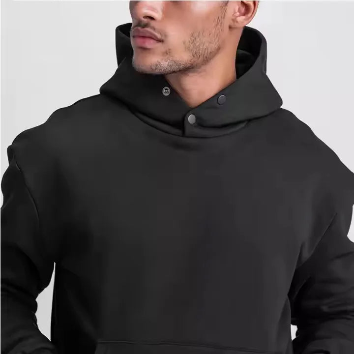 Wholesale Snap Button Collar Fleece Heavyweight Drawstring Hoodies With Hidden Zipper Pocket