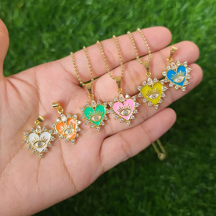 NZ1280 Fashion Gold Plated Rainbow Enamel Evil Eyes Heart I See You Pendant Paperclip Chain Necklaces for Women 2021