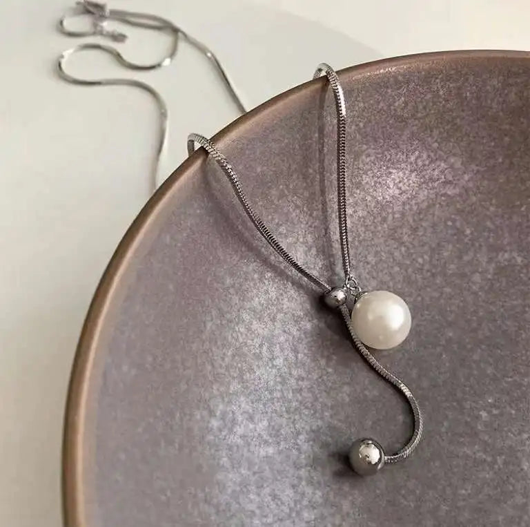 70+5CM Adjustable Sweater Chain Snake Bone Chain Necklace Crystal Pearl Necklace Artificial Imitation Pearls 14MM Trendy Women