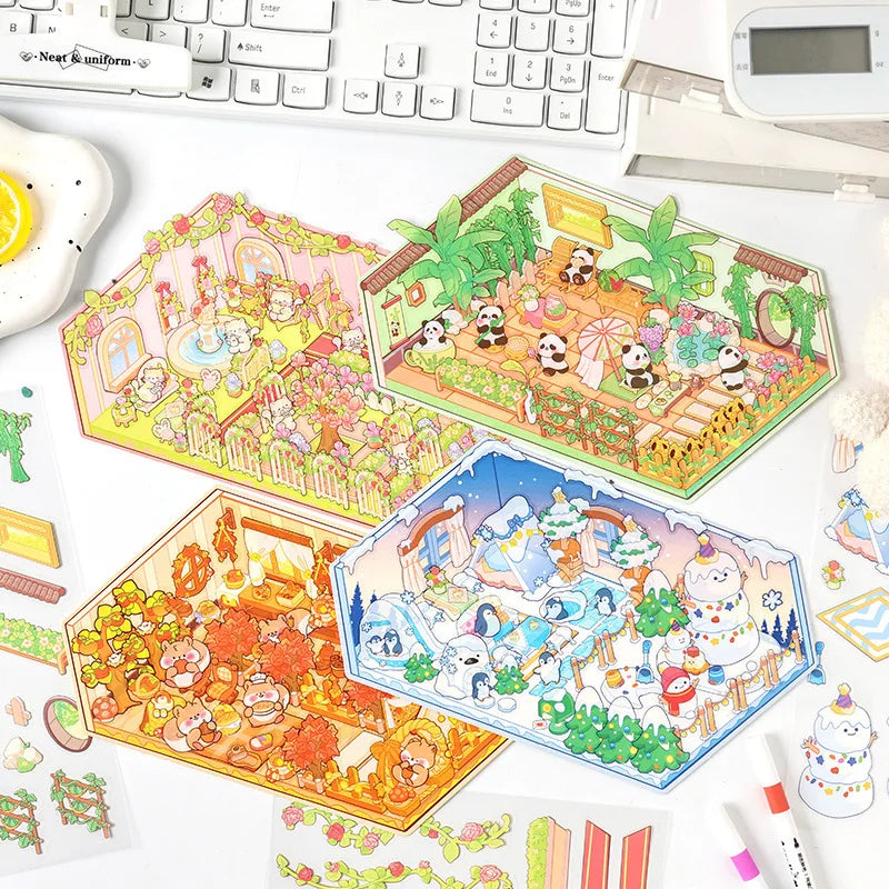 3 Per Pack of Dream Four Seasons Cartoon Stickers 3d Landscaping Children Miniature Scene Three-dimensional Stickers