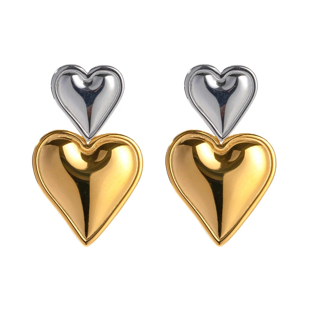 Vintage 18K Gold Plated Double Tone Heart Pendant Stud Earrings Trendy Party Style Fashion Jewelry