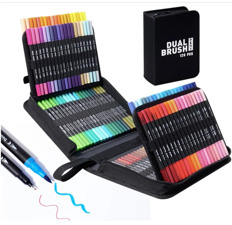 120 Colors Dual Tip Non-Erasable Art Markers for Adult Coloring Books-No Bleeding 135mm with Foldable Case